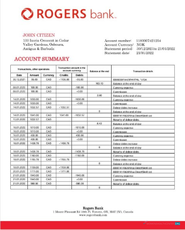 Download Canada Rogers bank statement word